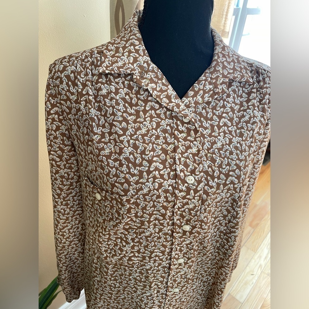 Vtg LANVIN Paris New York Shirt Dress Brown Butterfly No Belt Womens Sz 14 READ - Picture 3 of 16